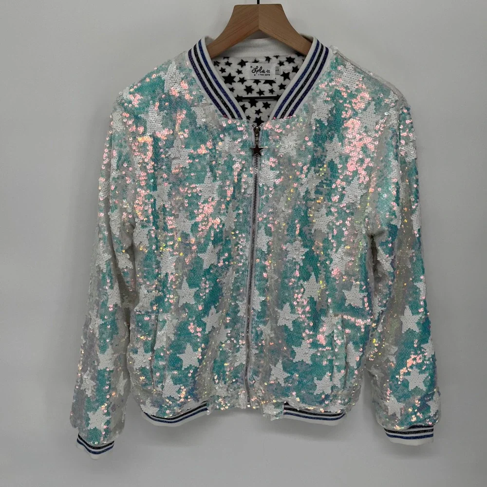 Lola + the Boys Sequins Star Bomber Jacket Kids Large White Iridescent Shimmer